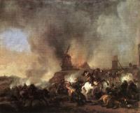 Wouwerman, Philips - Cavalry Battle in front of a Burning Mill
